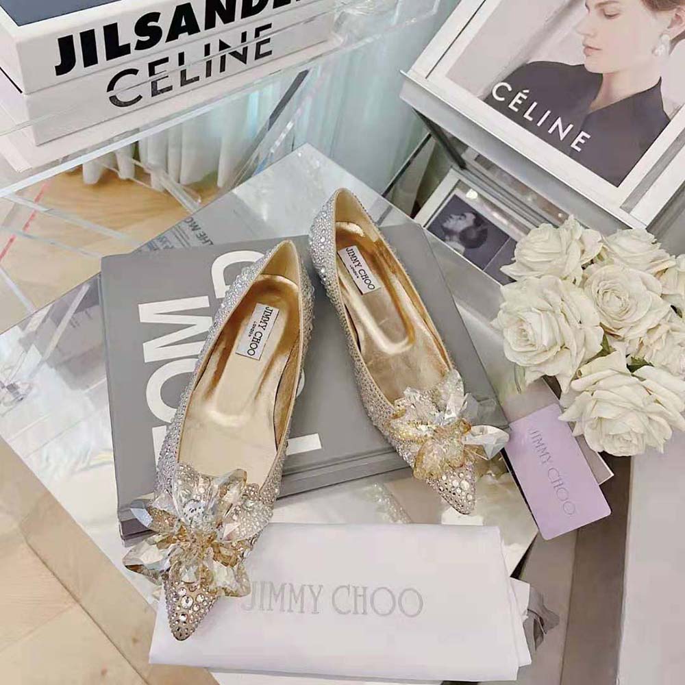 Close-up of sparkling rose gold crystals on Jimmy Choo Attila flats