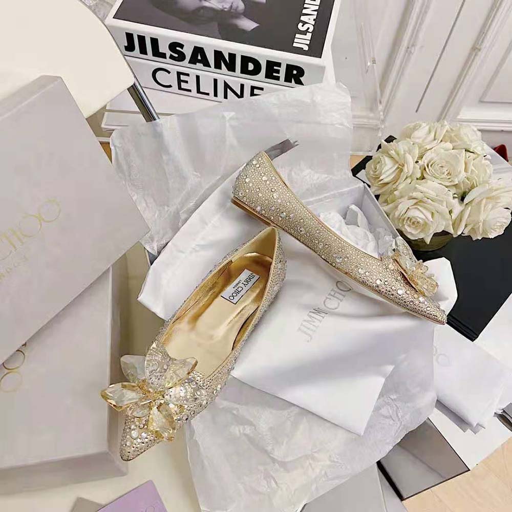 Top view showing pointed toe shape of Jimmy Choo Attila rose gold flats