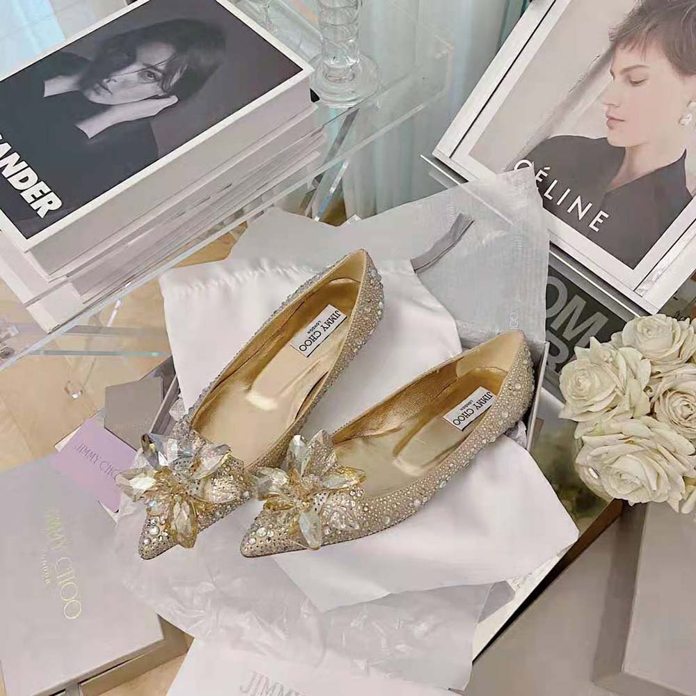 Jimmy Choo Women Attila Rose Gold Crystal Covered Pointy Toe Flats - image 4