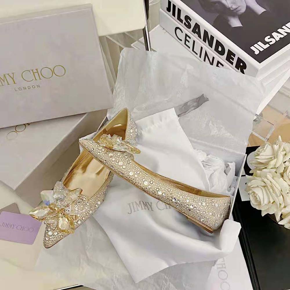 Jimmy Choo Women Attila Rose Gold Crystal Covered Pointy Toe Flats - image 6