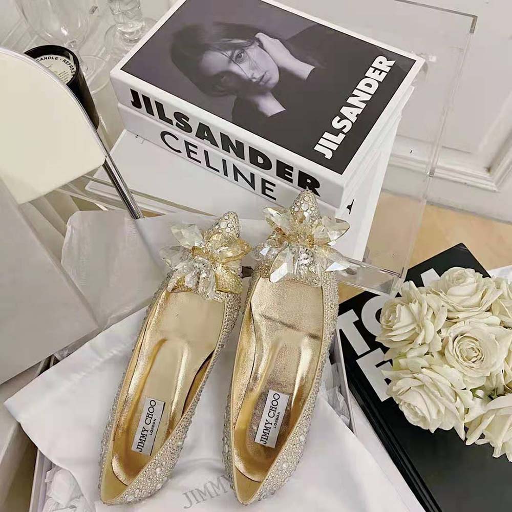 Jimmy Choo Women Attila Rose Gold Crystal Covered Pointy Toe Flats - image 5