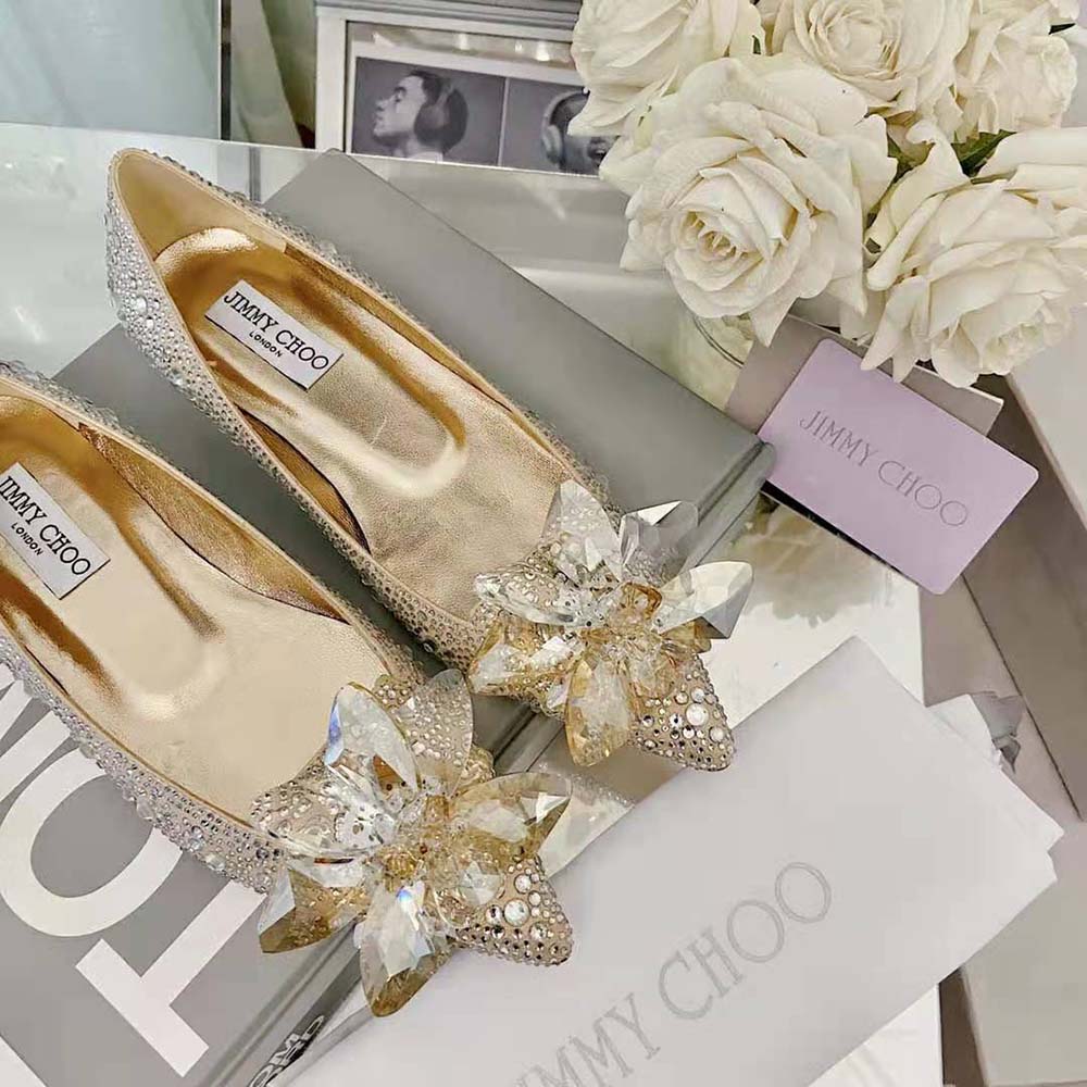 Jimmy Choo Women Attila Rose Gold Crystal Covered Pointy Toe Flats - image 7