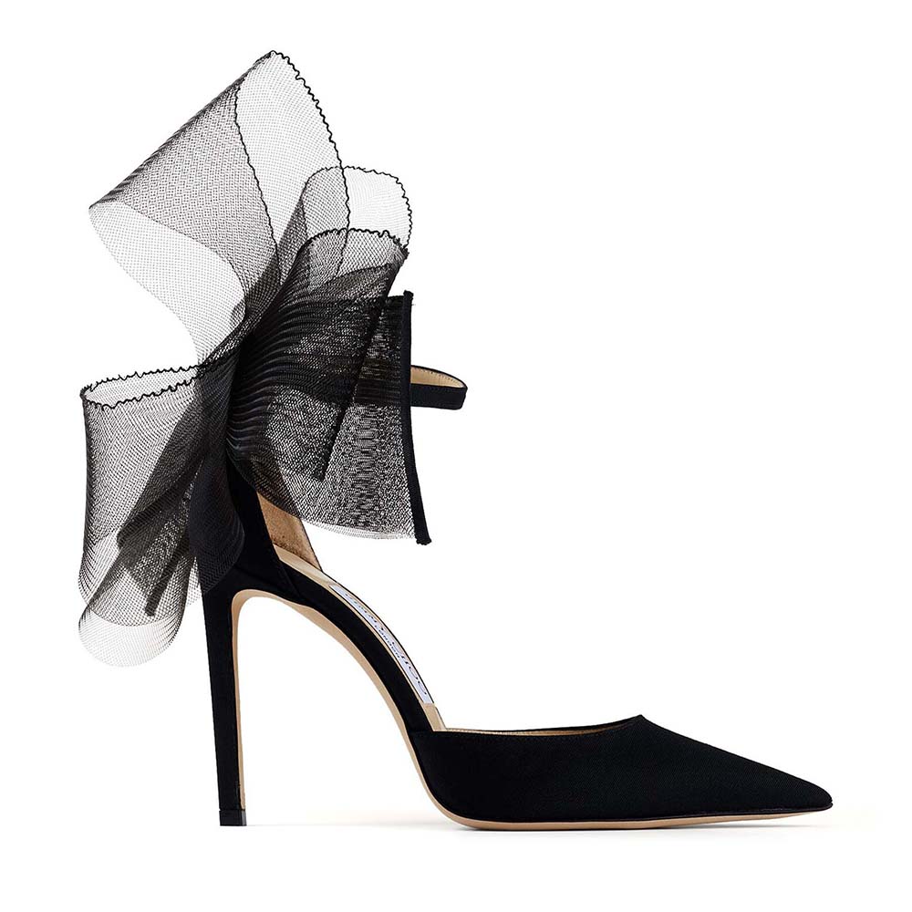 Side view of Jimmy Choo Women Averly 100 Black Pumps with grosgrain bows