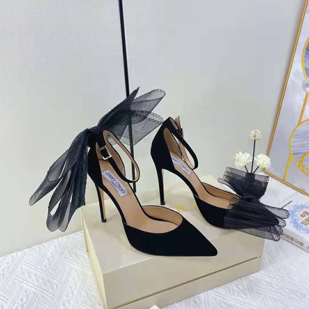 Rear angle showing heel height on Jimmy Choo Women Averly 100 Black Pumps