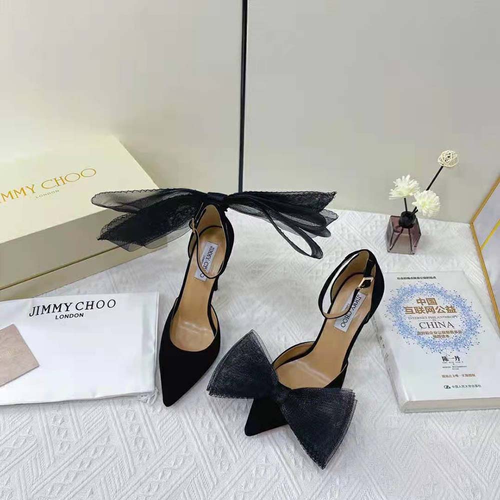 Jimmy Choo Women Averly 100 Black Pumps with Asymmetric Grosgrain Mesh Fascinator Bows - image 4