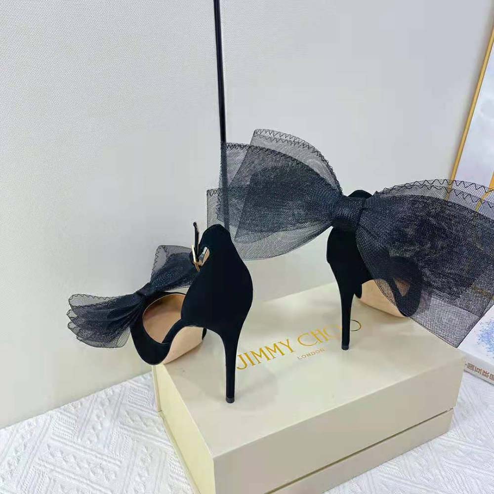 Jimmy Choo Women Averly 100 Black Pumps with Asymmetric Grosgrain Mesh Fascinator Bows - image 8