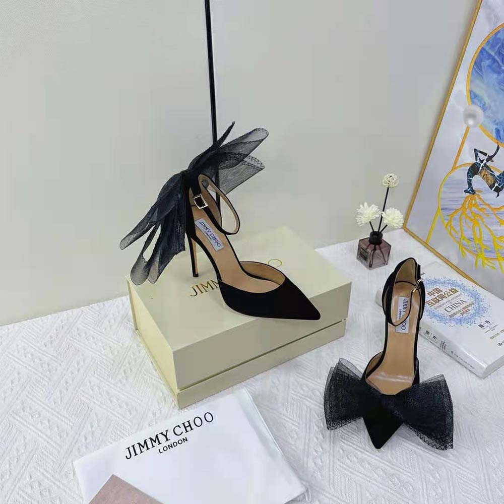 Jimmy Choo Women Averly 100 Black Pumps with Asymmetric Grosgrain Mesh Fascinator Bows - image 6