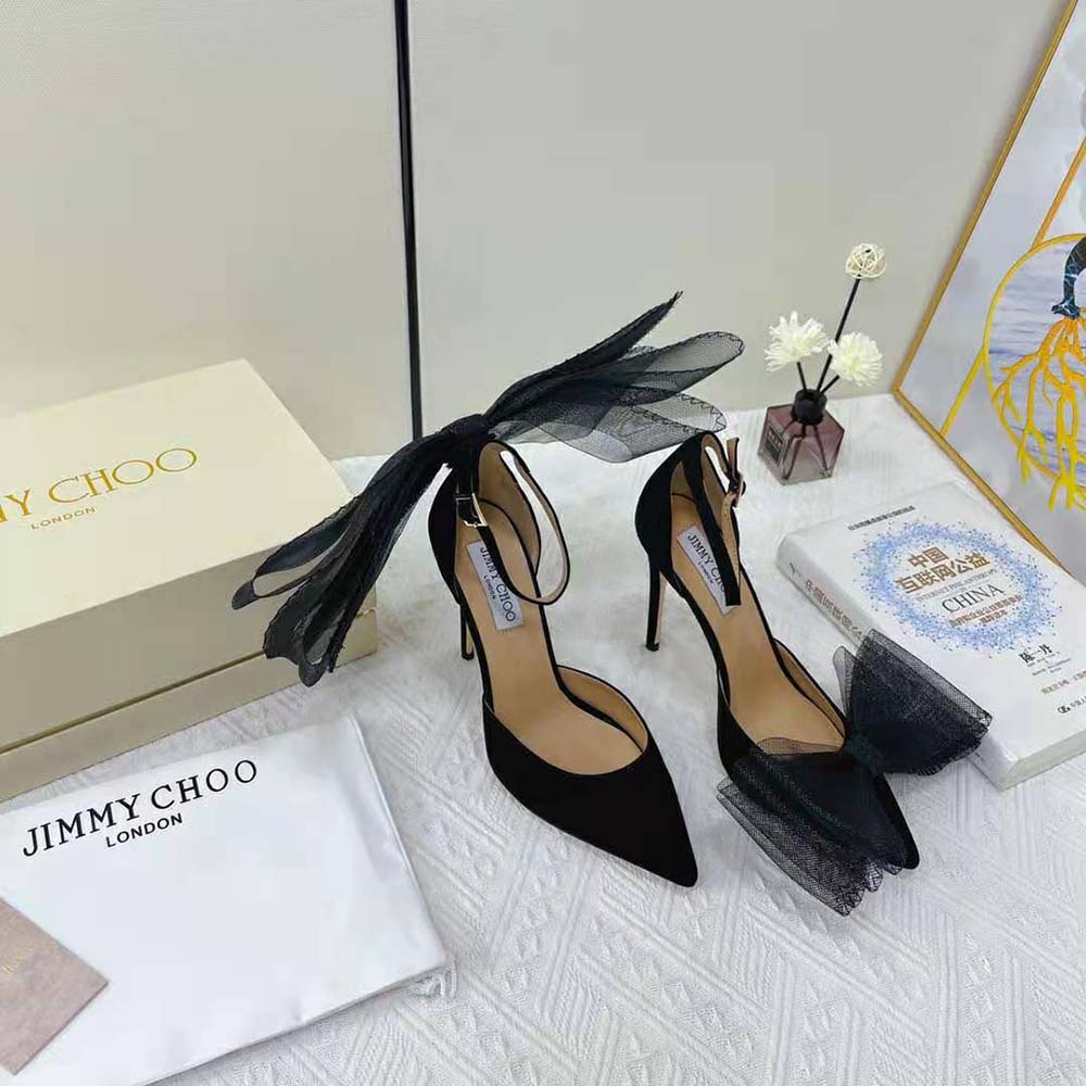 Jimmy Choo Women Averly 100 Black Pumps with Asymmetric Grosgrain Mesh Fascinator Bows - image 5