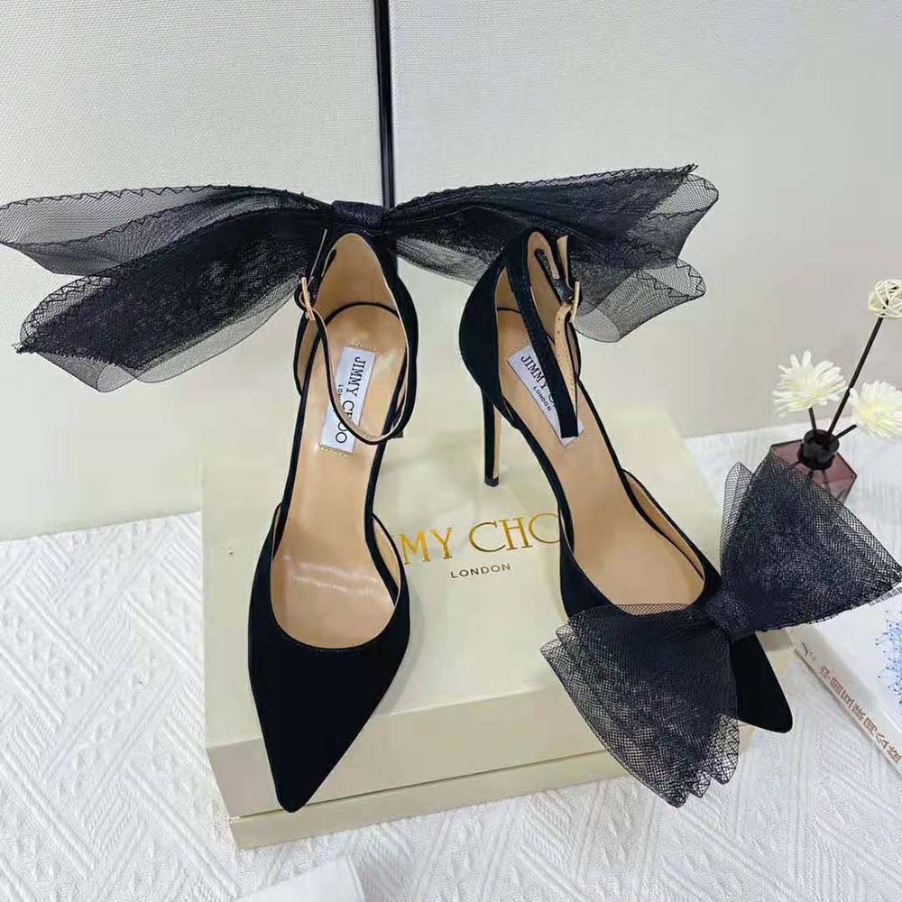Jimmy Choo Women Averly 100 Black Pumps with Asymmetric Grosgrain Mesh Fascinator Bows - image 7