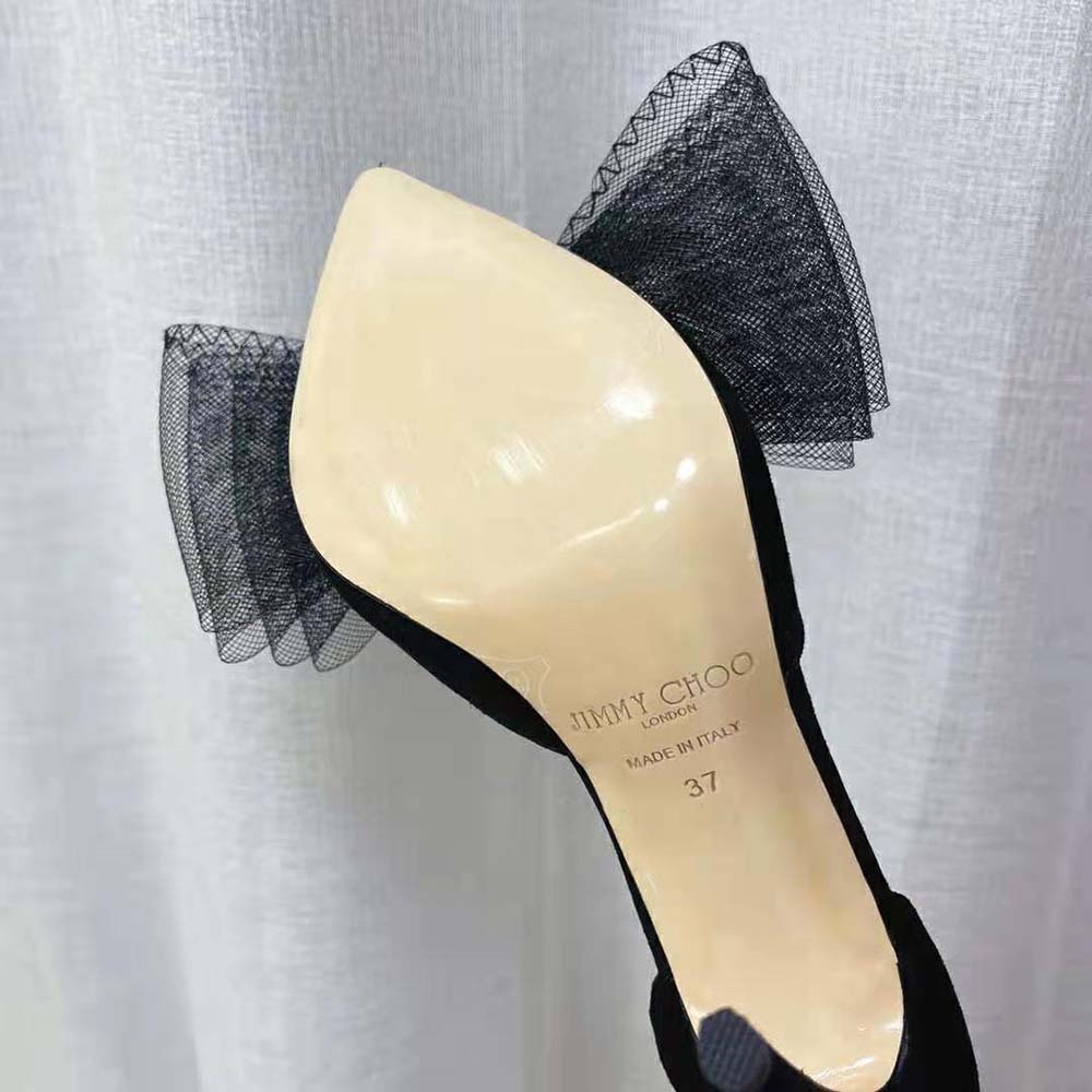 Jimmy Choo Women Averly 100 Black Pumps with Asymmetric Grosgrain Mesh Fascinator Bows - image 9