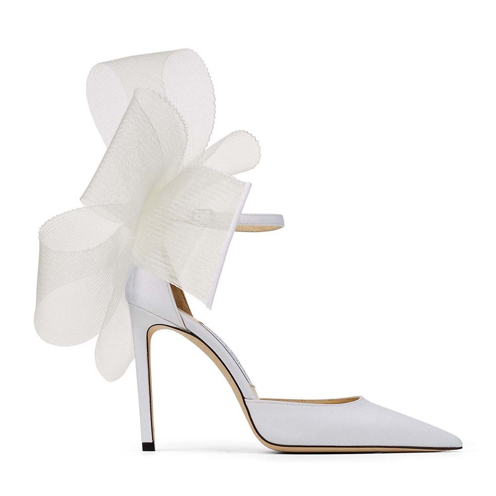 Side profile of Jimmy Choo Women Averly 100 Latte Pumps with grosgrain bows