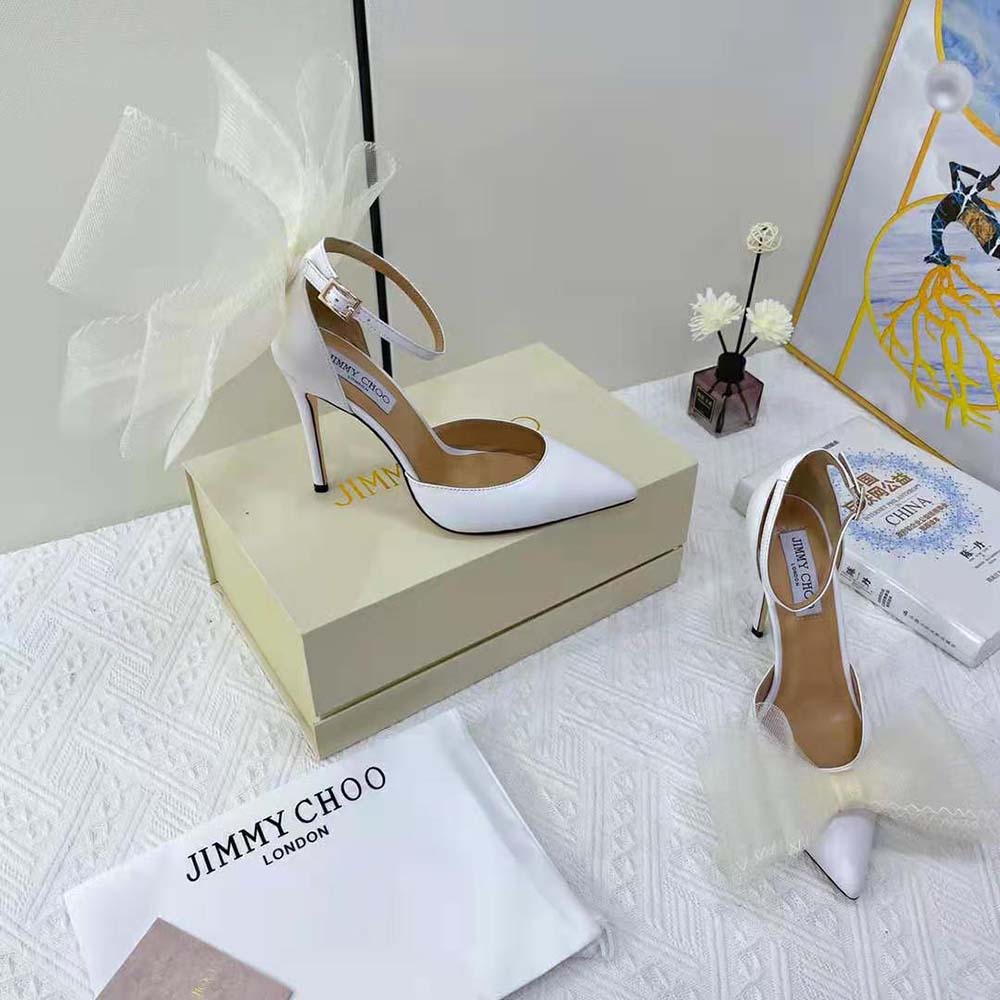 Jimmy Choo Women Averly 100 Latte Pumps with Asymmetric Grosgrain Mesh Fascinator Bows - image 7