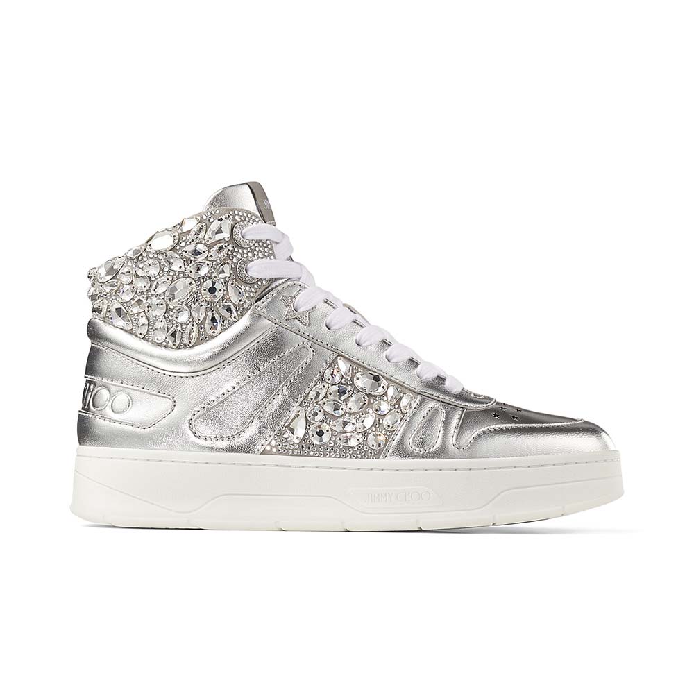 Side view of Jimmy Choo Women Hawaii Hi Top/F Silver Metallic Nappa High-Top Trainers