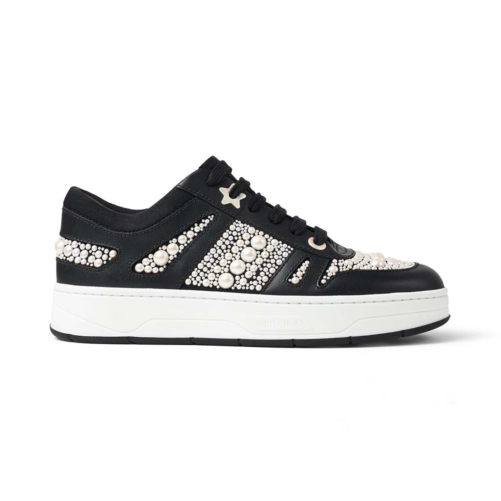 Side view of Jimmy Choo Women Hawaii/F Black Calf Leather and Canvas Low Top Trainers