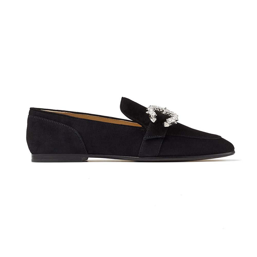 Side view of Jimmy Choo Women Mani Flat Black Suede Loafers with Crystal Buckle