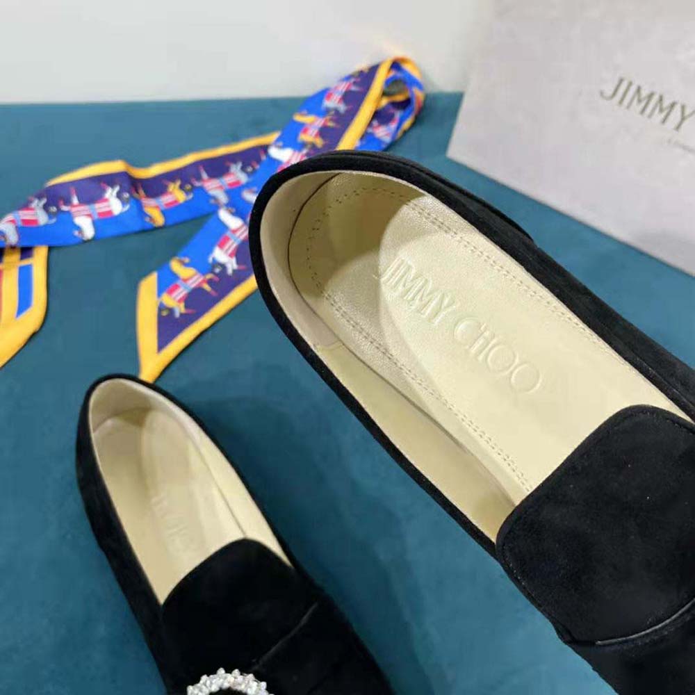 Jimmy Choo Women Mani Flat Black Suede Loafers with Crystal Buckle - image 9