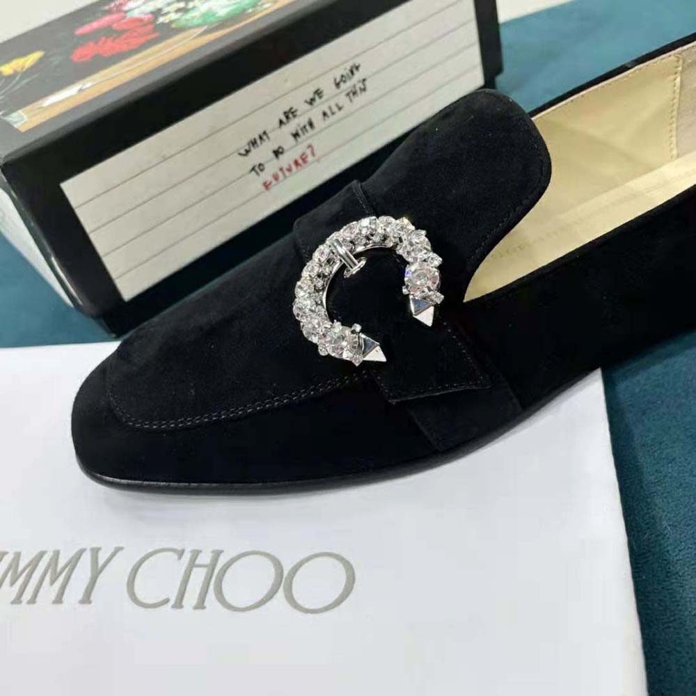 Jimmy Choo Women Mani Flat Black Suede Loafers with Crystal Buckle - image 8