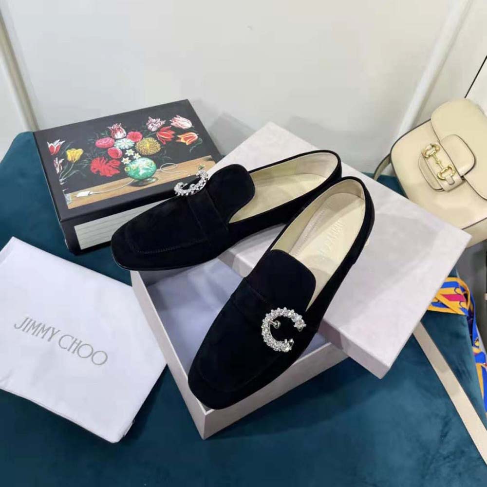 Jimmy Choo Women Mani Flat Black Suede Loafers with Crystal Buckle - image 4