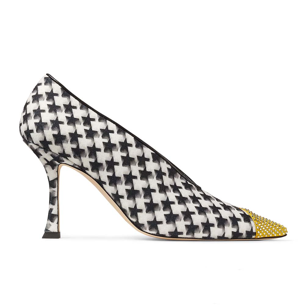 Side profile of Jimmy Choo Women Nicole 90 Latte and Black Star Houndstooth Printed Wool Pumps