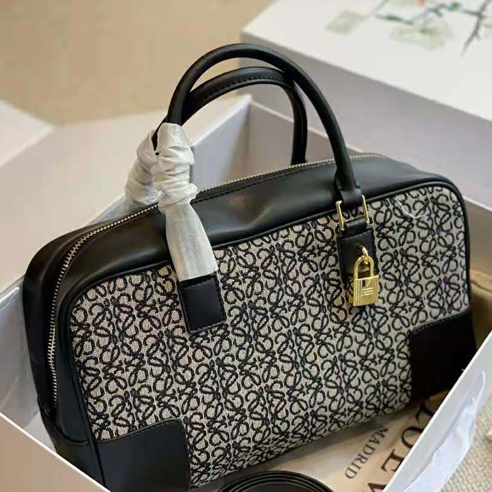 Close-up detail of black calfskin and Anagram jacquard on Loewe Amazona 23