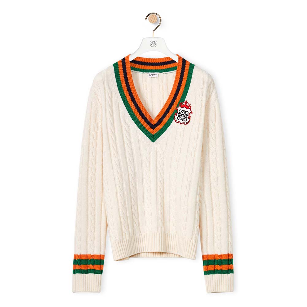 Front view of Loewe Women Cable Knit Sweater in Wool-White