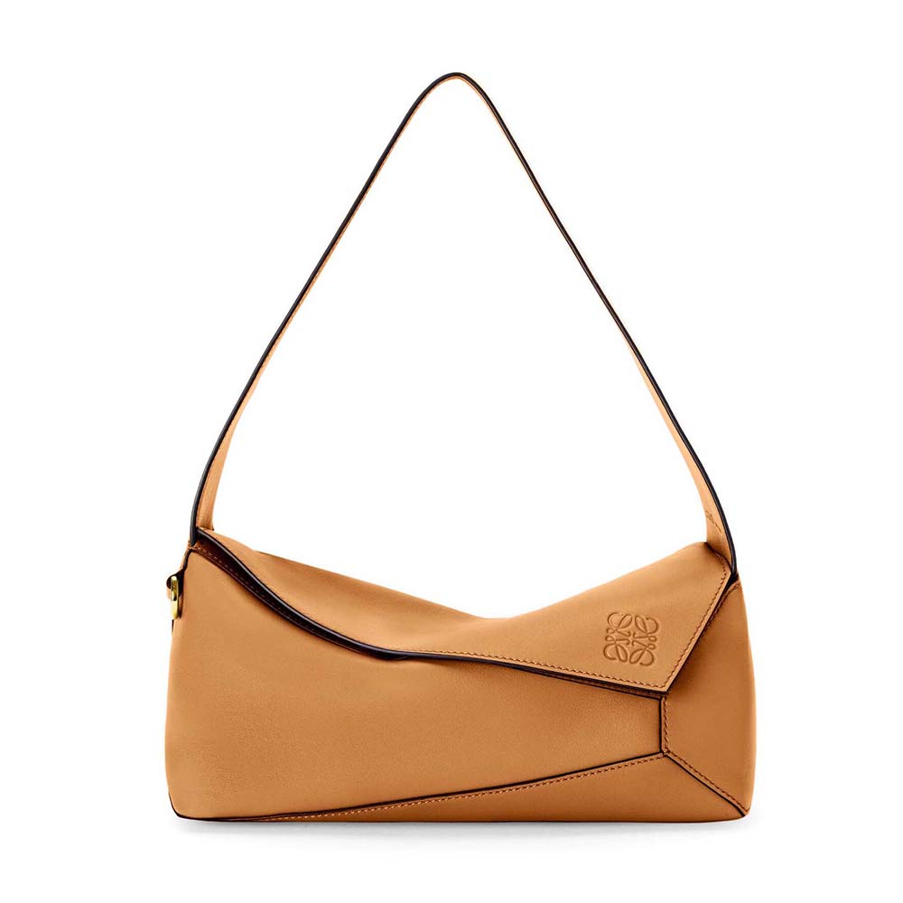Front angle of Loewe Women Puzzle Hobo Bag in brown nappa calfskin