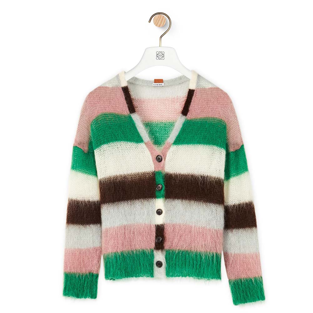 Front view of Loewe Women Stripe Cardigan in Mohair green stripe