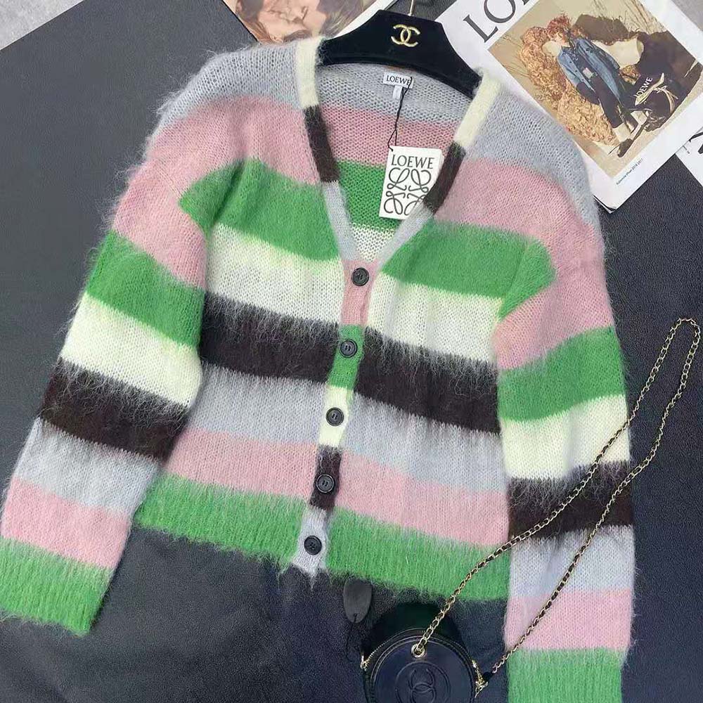 Close-up detail of Loewe Women Stripe Cardigan mohair texture and hardware