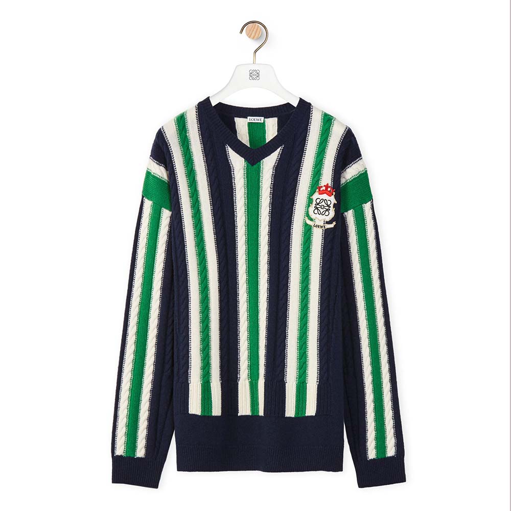 Front view of Loewe Women Stripe V-neck Sweater in Wool-Green