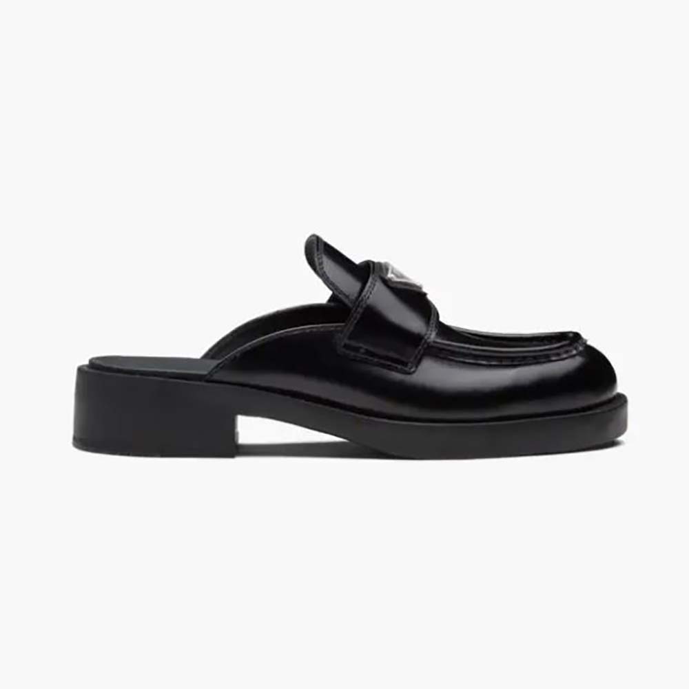 Side view of Prada Women Chocolate Brushed Leather Mules-Black showing silhouette