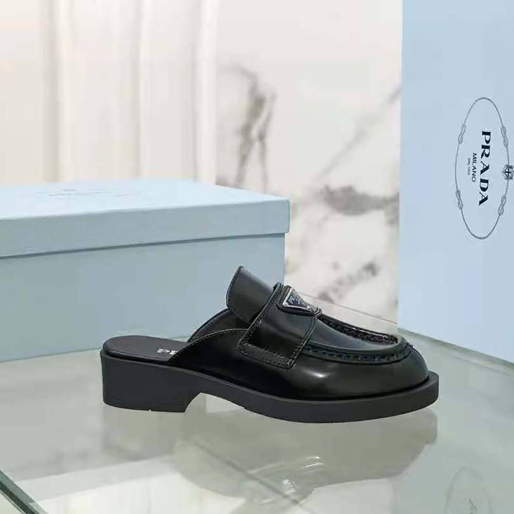 Prada Women Chocolate Brushed Leather Mules-Black - image 4