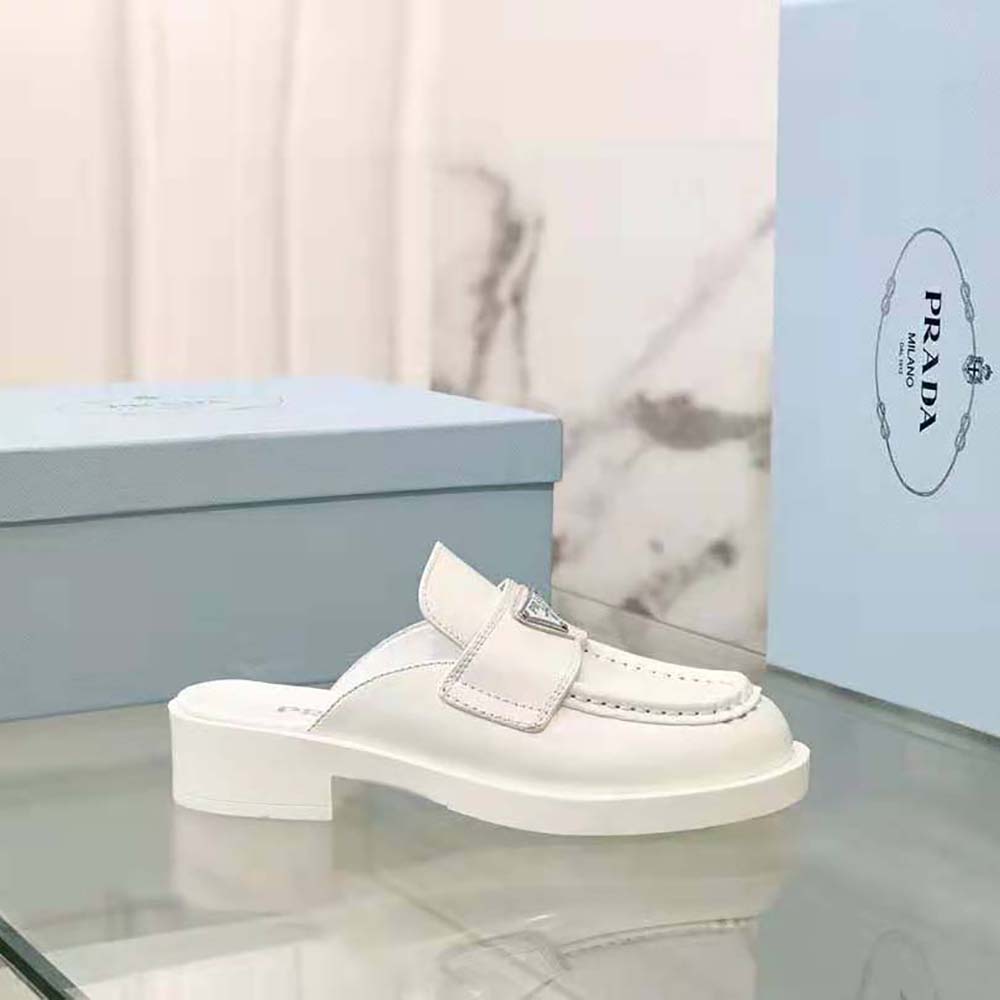 Prada Women Chocolate Brushed Leather Mules-White - image 4