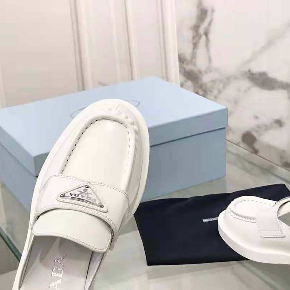 Prada Women Chocolate Brushed Leather Mules-White - image 6