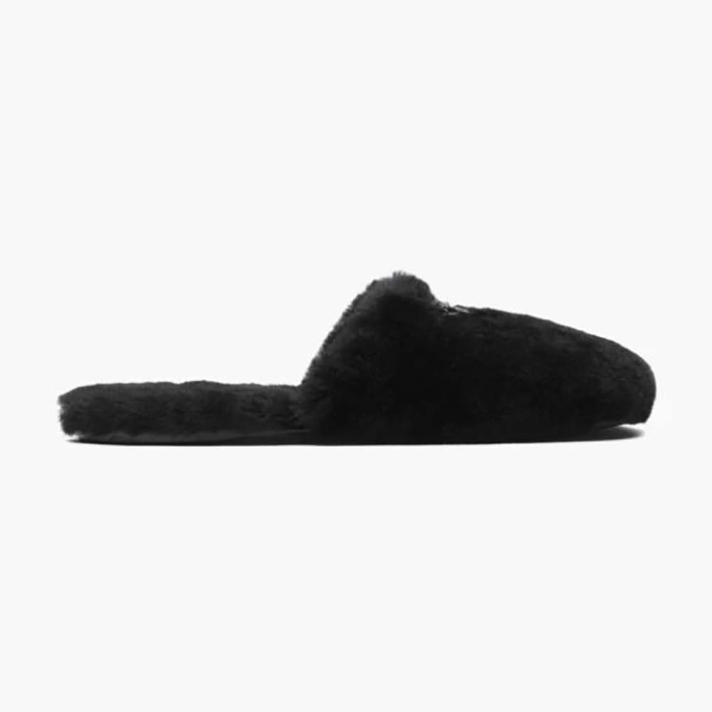 Side view of Prada Women Enameled Triangle Logo Accentuates Shearling Sabots in black