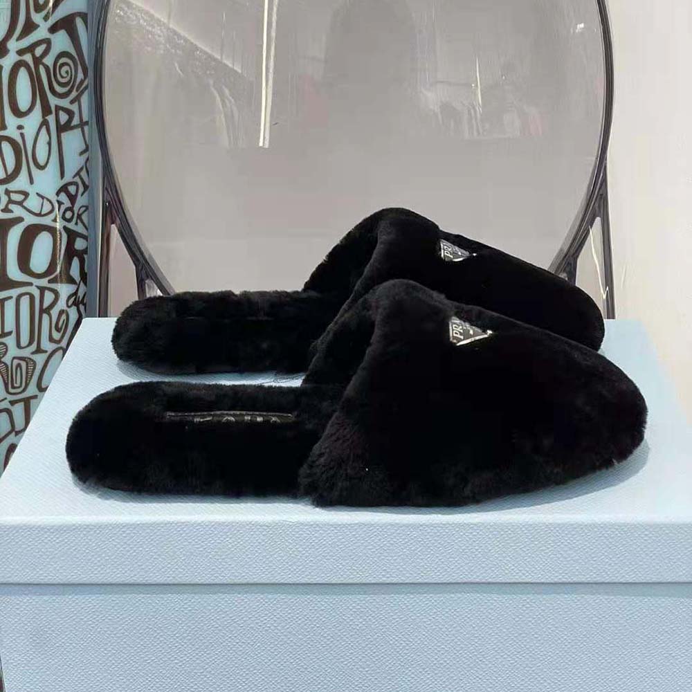 Prada Women Enameled Triangle Logo Accentuates Shearling Sabots - image 7
