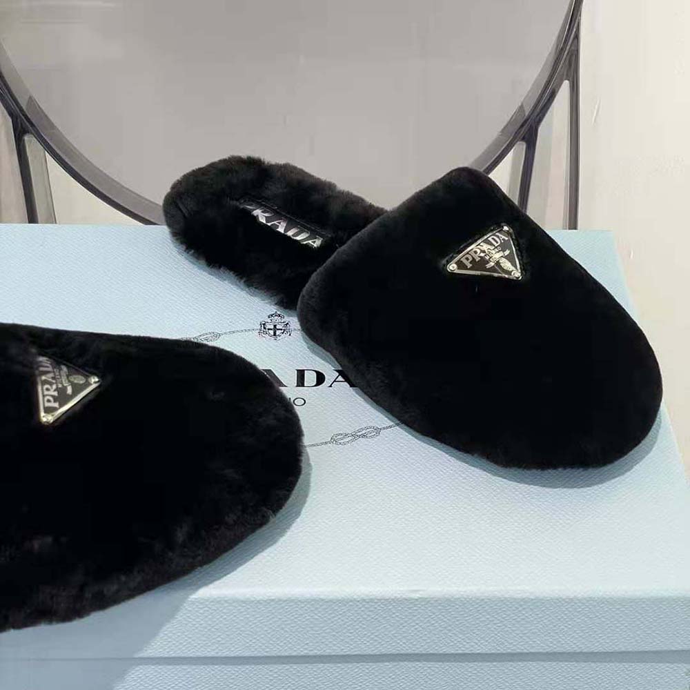 Prada Women Enameled Triangle Logo Accentuates Shearling Sabots - image 6