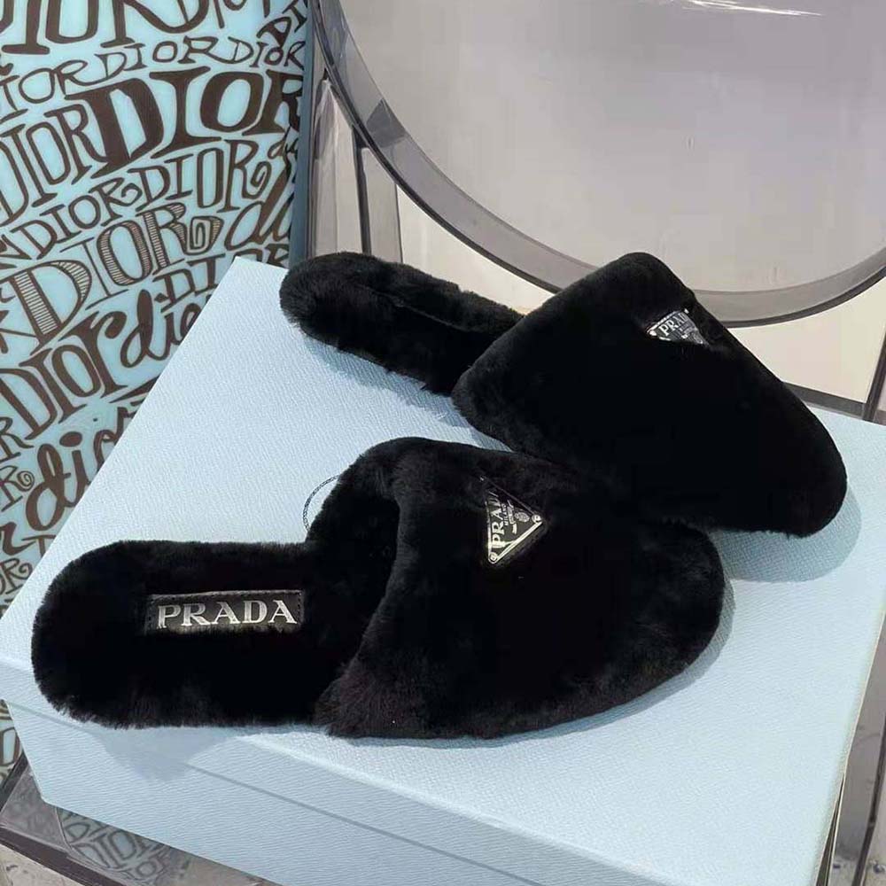 Prada Women Enameled Triangle Logo Accentuates Shearling Sabots - image 5