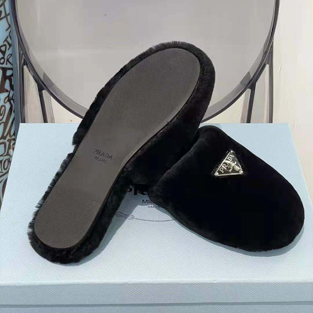 Prada Women Enameled Triangle Logo Accentuates Shearling Sabots - image 8