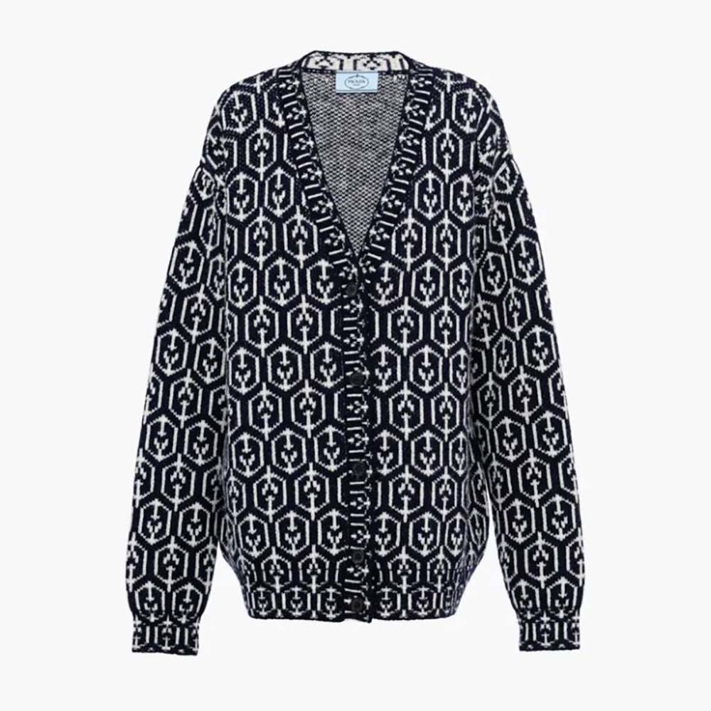 Front view of Prada Women Jacquard Shetland Wool Cardigan in black