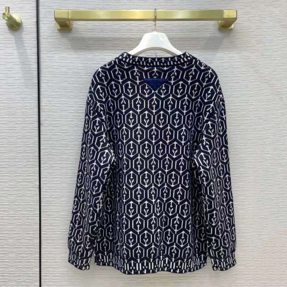 Side angle showing mid-length silhouette of Prada Women Jacquard Shetland Wool Cardigan