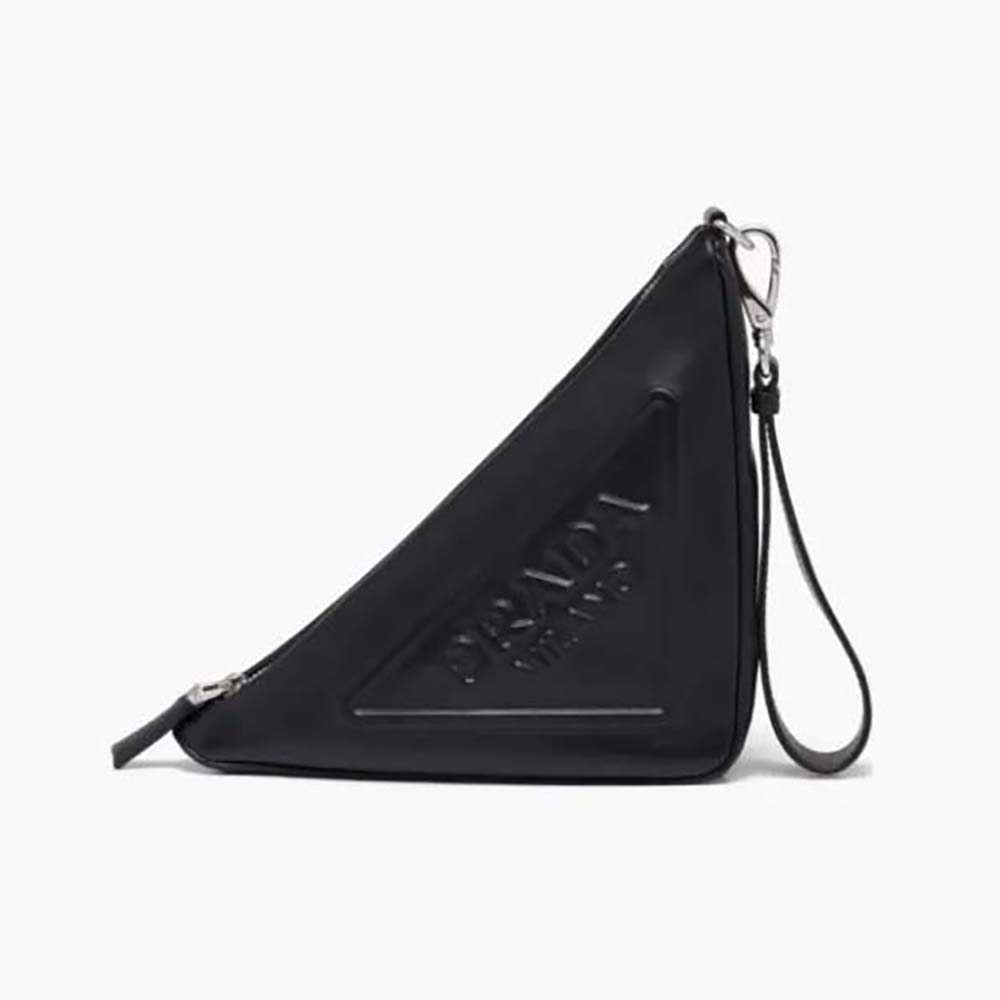 Front angle of Prada Women Leather Triangle Leather Pouch-Black showing logo