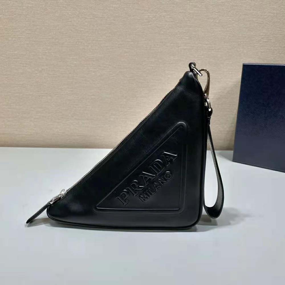 Side view highlighting compact triangular shape of Prada Women Leather Pouch