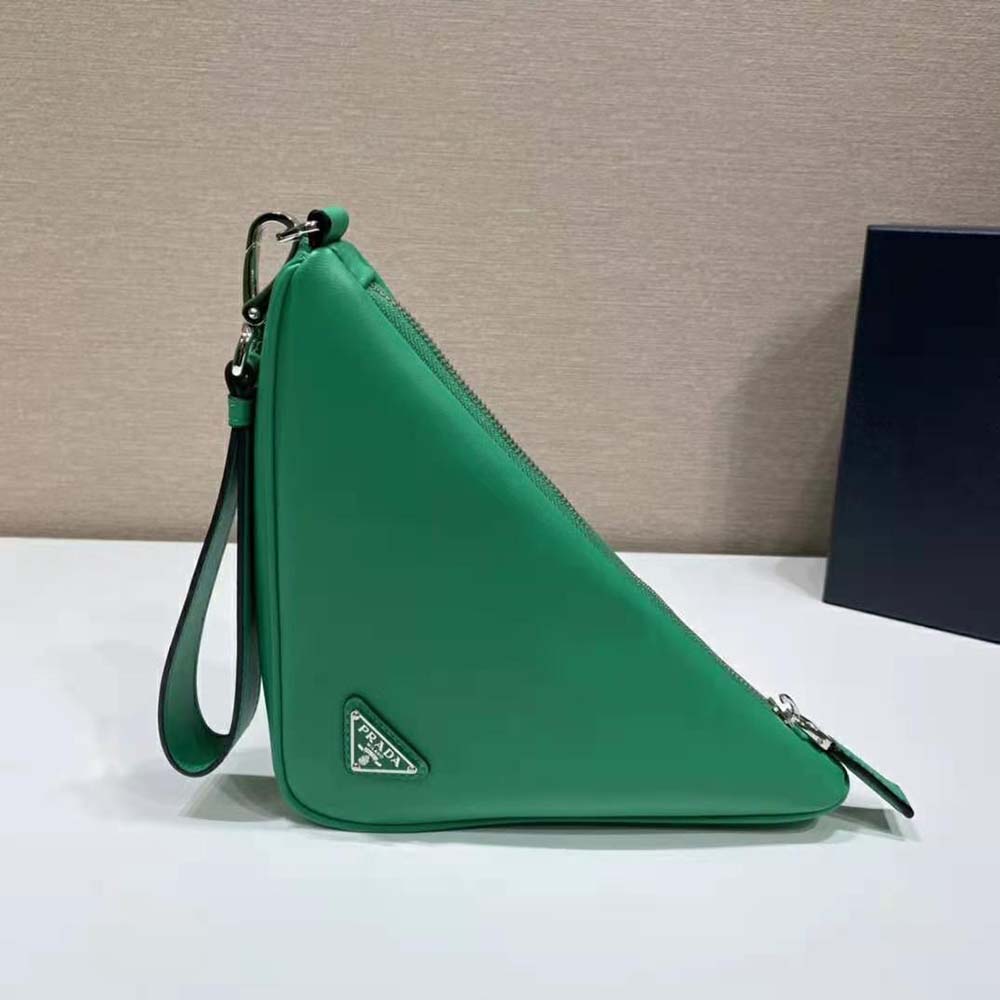 Side angle of Prada Women Leather Triangle Leather Pouch-Green with strap visible