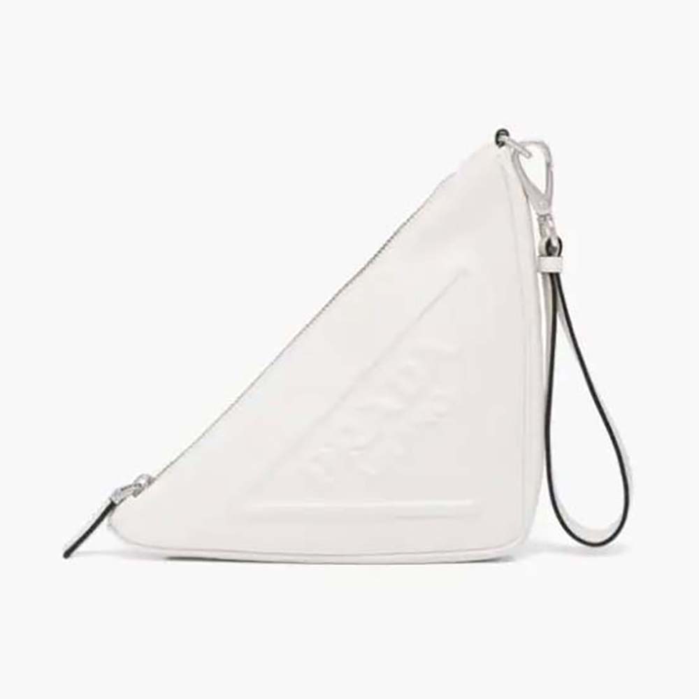 Front view of Prada Women Leather Triangle Leather Pouch-White showing logo