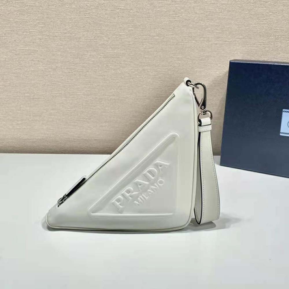 Side angle highlighting triangular silhouette of Prada Women Leather Pouch