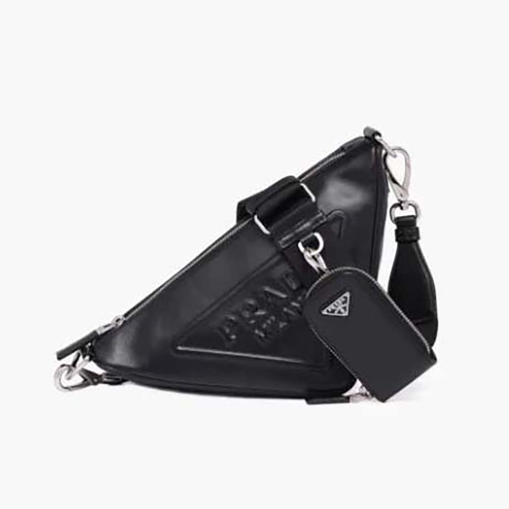 Front view of Prada Women Leather Triangle Shoulder Bag-Black with gold plaque