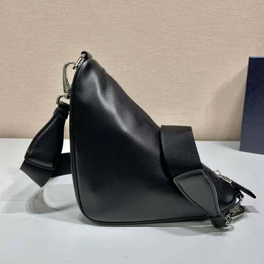 Side angle showing adjustable strap of Prada Women Leather Triangle Shoulder Bag-Black