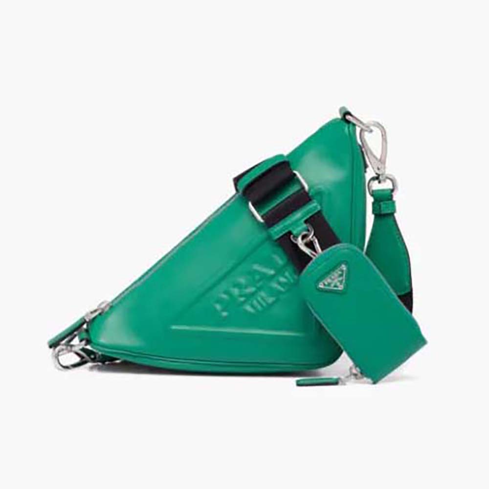 Front view of Prada Women Leather Triangle Shoulder Bag-Green showing logo