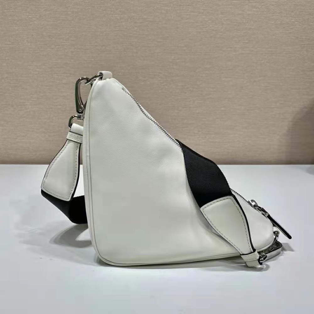 Side profile highlighting smooth leather texture of Prada Women Leather Triangle Shoulder Bag-White