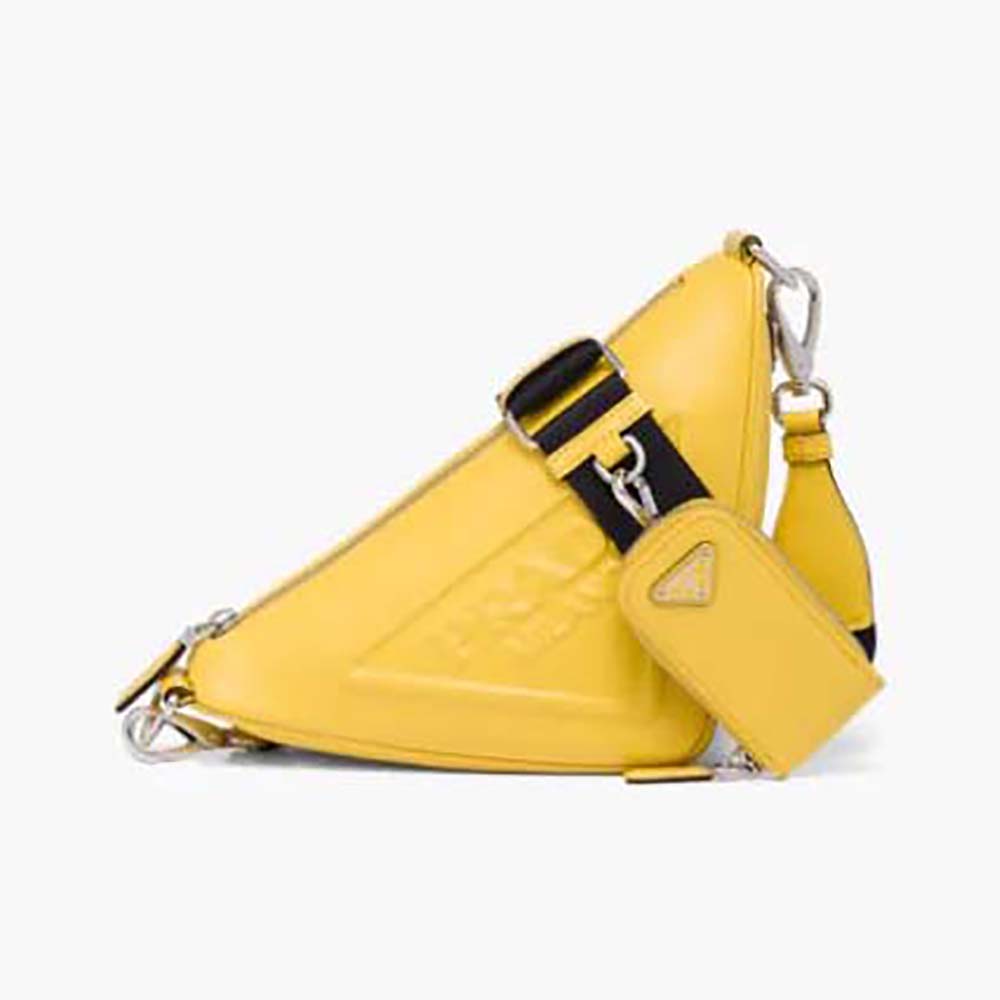 Front view of Prada Women Leather Triangle Shoulder Bag-Yellow with visible logo